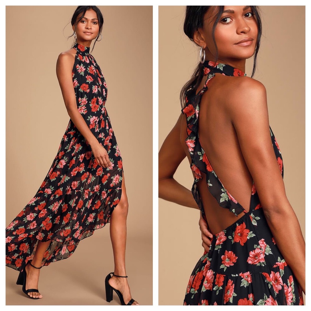 Lulu’s Jane Anne Black Floral Halter Maxi Dress